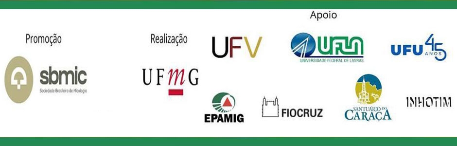 Banner do décimo congresso brasileiro de micologia - de 19 a 23 de setembro, em Belo Horizonte. Quem está realizando o evento, quem apoia e quem promove