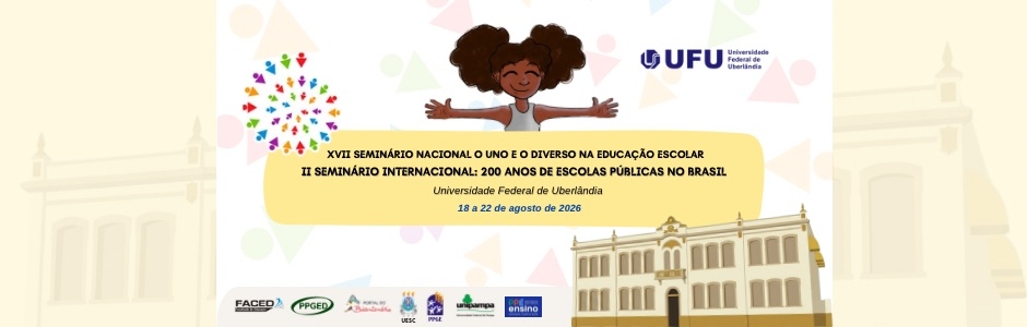 Banner com as nome, data e realizadores do evento, A imagem mostra uma menina negra que representa o Portal do Bicentenário com os braços abertos para simbolizar um abraço. Abaixo da menina tem uma faixa amarela onde está escrito o nome do evento. No canto inferior direito do faixa aparece a imagem da Escola Estadual de Uberlândia, em tons de bege. No canto superior esquerdo, aparece a logo do evento Uno e Diverso em formato de caracol formado por setas coloridas.