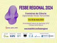 Imagem com o fundo na cor amarela, destacando na cor roxa, o nome e símbolo do evento  "FeSBE Regional 2024 - Uberlândia".